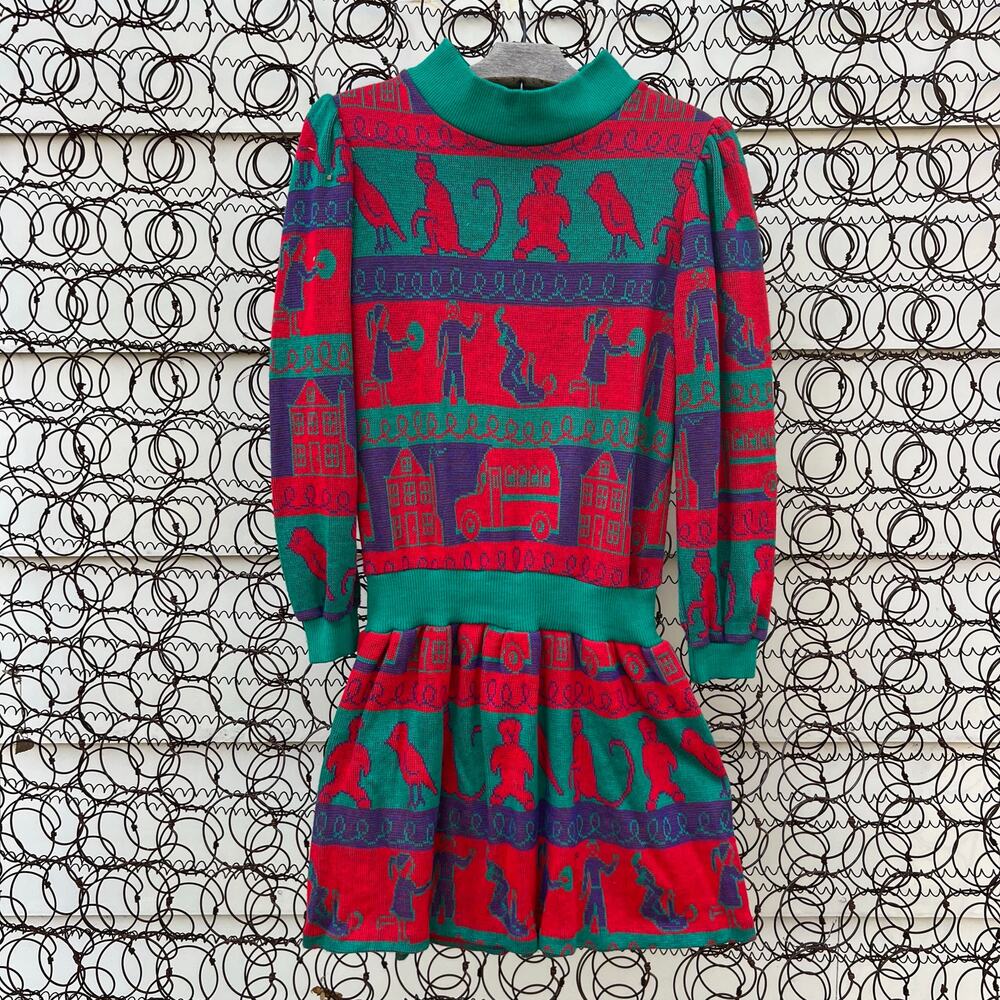 Vintage 80s 90s JCPenney Monkey Kid Bird School Knit Mock Neck Sweater Dress 14